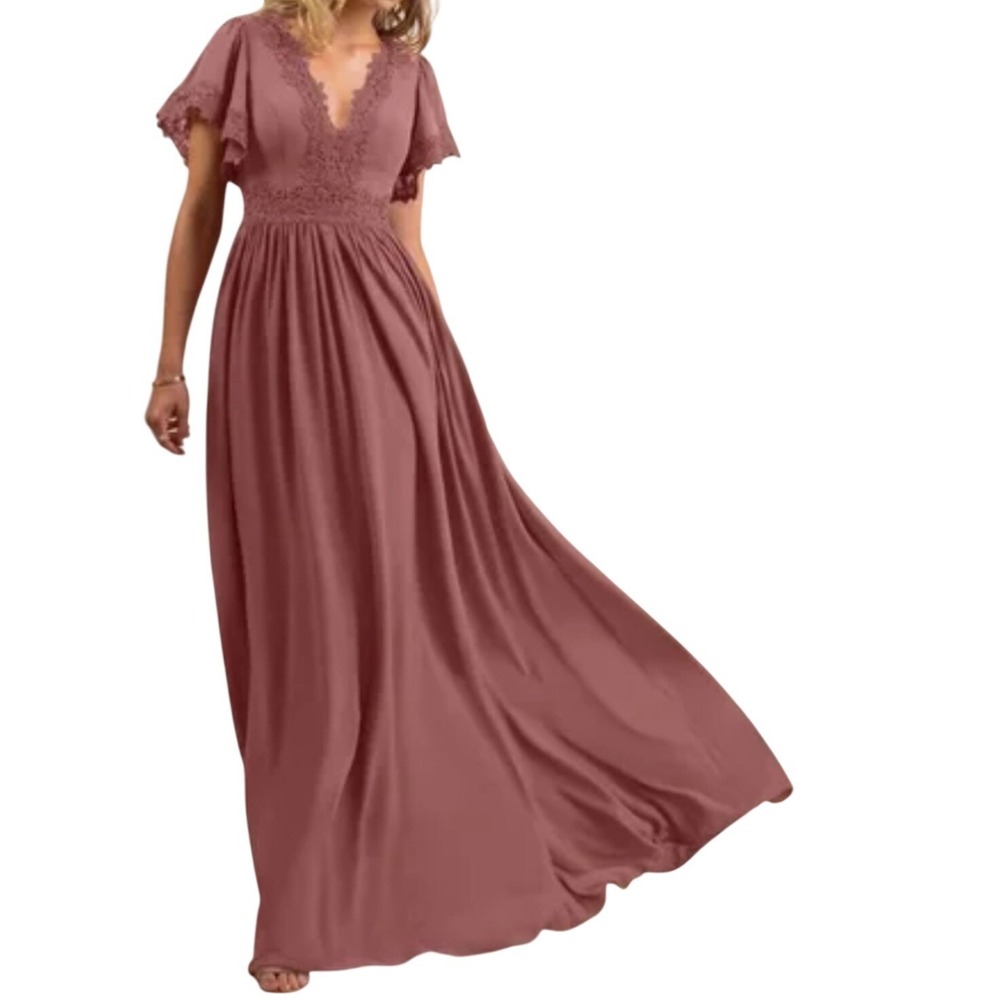 Azazie Tulum maxi dress boho crochet bridesmaids gown dusty flutter sleeve